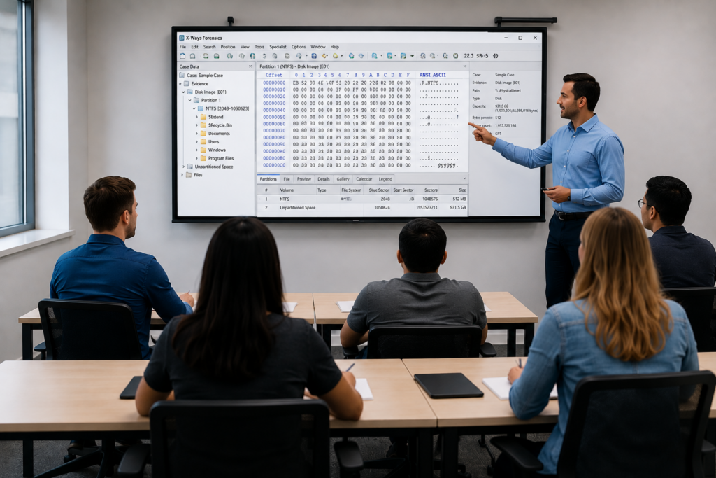 Instructor teaching a classroom of delegates with X-Ways Forensics disk analysis on screen