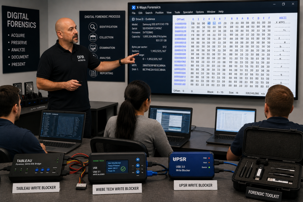 Siker instructor delivering digital forensics training to analysts in a classroom