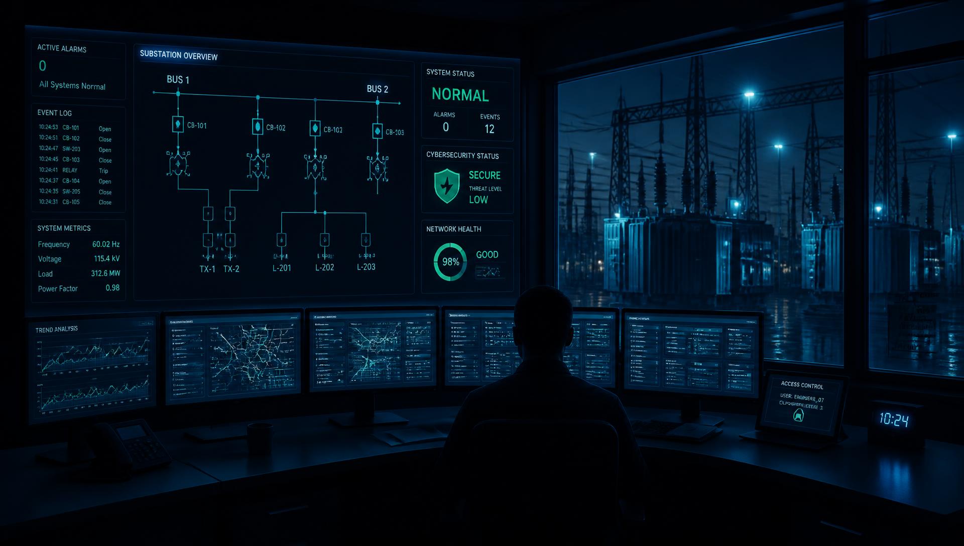 Operational technology control room with SCADA and HMI displays monitoring a power substation
